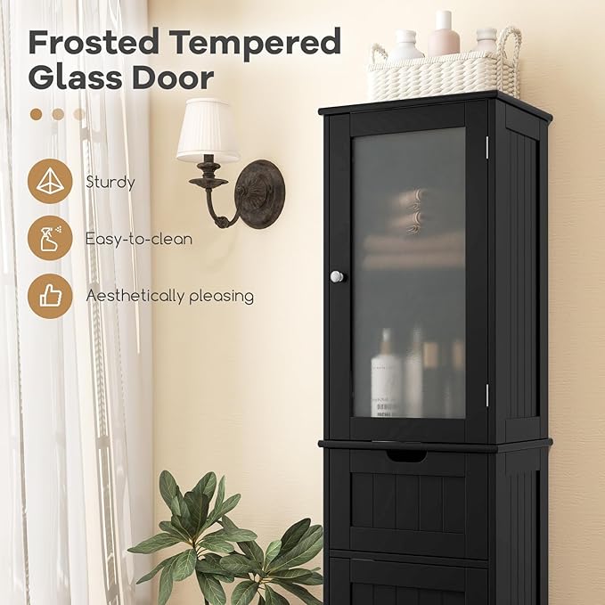 Tangkula 67" Tall Bathroom Storage Cabinet, Slim Freestanding Tower w/ 2 Doors & 1 Drawer, Narrow Floor Cabinet w/Adjustable Shelves & Tempered Glass Door for Bathroom Living Room (Black)