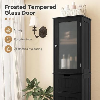 Tangkula 67" Tall Bathroom Storage Cabinet, Slim Freestanding Tower w/ 2 Doors & 1 Drawer, Narrow Floor Cabinet w/Adjustable Shelves & Tempered Glass Door for Bathroom Living Room (Black)