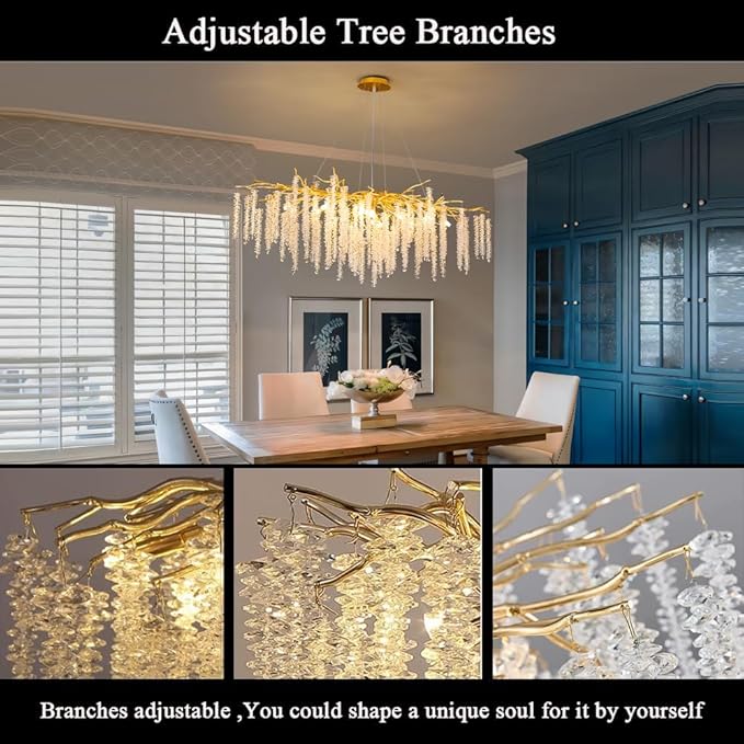 Tree Branches Chandeliers L39.5 Inch Gold Luxury Rectangular Crystal Raindrop Pendant Light 13 Lights Kitchen Island Hanging Light Fixture for Living Room Dining Room Foyer Entryway