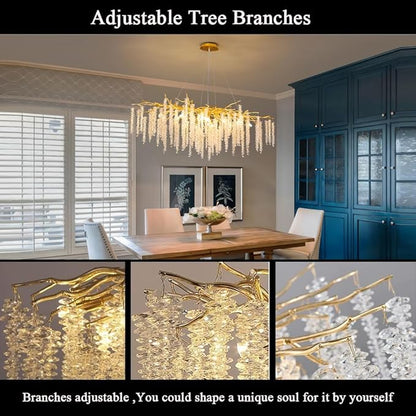 Tree Branches Chandeliers L39.5 Inch Gold Luxury Rectangular Crystal Raindrop Pendant Light 13 Lights Kitchen Island Hanging Light Fixture for Living Room Dining Room Foyer Entryway