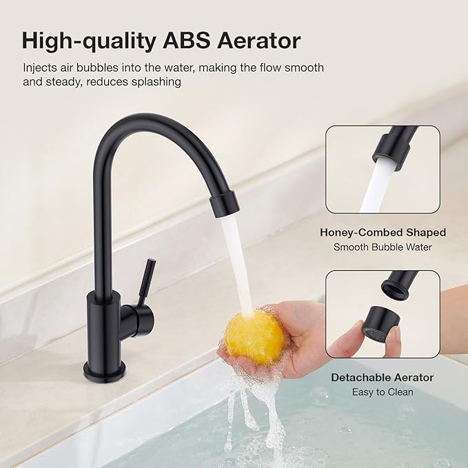 CREA Matte Black Faucet for Kitchen Bar Outdoor Sink 1 Hole 3Holes(with Deck Plate)，High Arc 360°Swivle Single Handle Tap Brushed 304 Stainless Steel