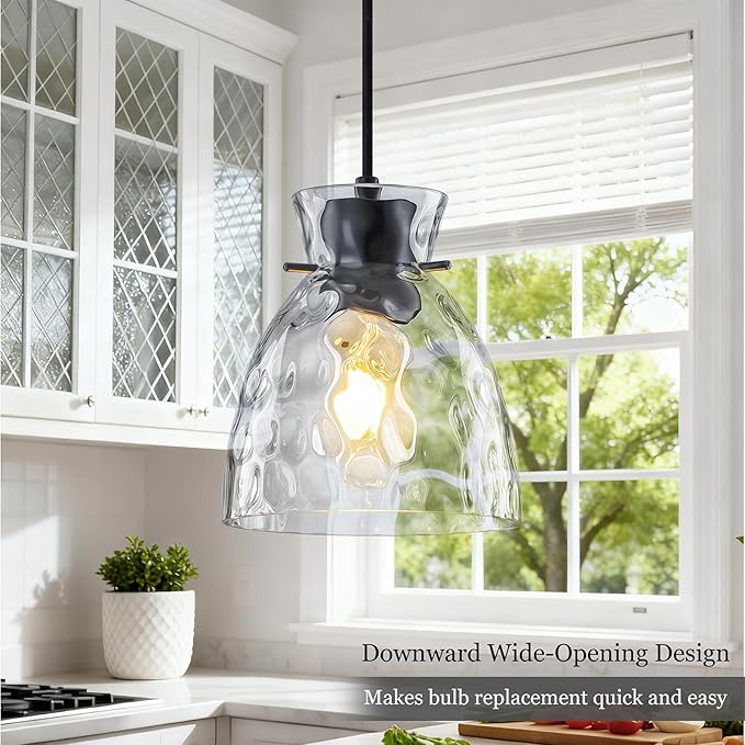 Hammered Glass Black Pendant Lights Kitchen Island Lighting, Small Hand-blown Glass Black Farmhouse Pendant Light Fixtures, Modern Hanging Lights Kitchen Pendant Lighting over Island Sink Bathroom E26