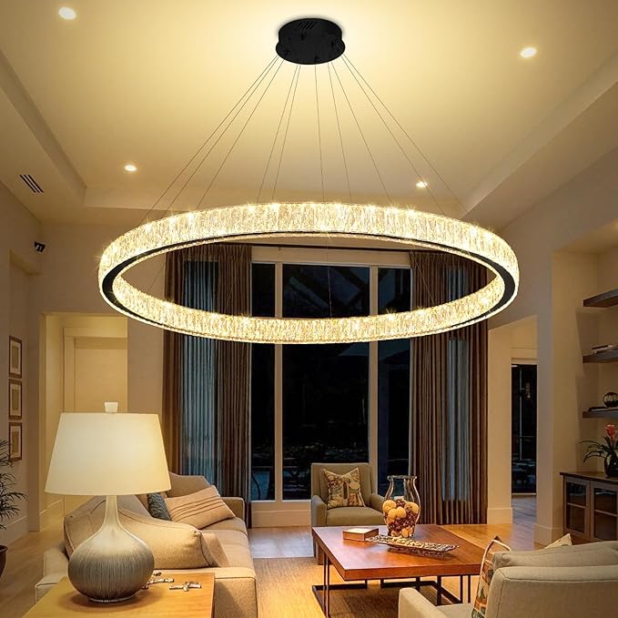 Modern LED Dimmable Crystal Chandelier 47.5" Ring Pendant Light Adjustable Round Chrome Crystal Chandelier Light Fixtures for Dining Room Living Room