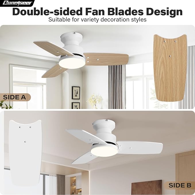 Conciseer 30 Inch Ceiling Fans with Lights and Remote, Bedroom Living Room Office, Flush Mount, 3CCT Dimmable, Dual Color 3 Blades, 6 Speed Reversible Quiet DC Motor, White/Wood Grain, 2 Pack