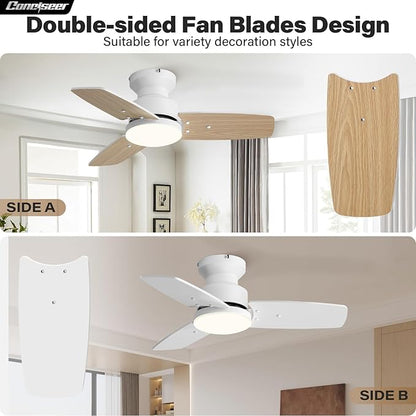 Conciseer 30 Inch Ceiling Fans with Lights and Remote, Bedroom Living Room Office, Flush Mount, 3CCT Dimmable, Dual Color 3 Blades, 6 Speed Reversible Quiet DC Motor, White/Wood Grain, 2 Pack