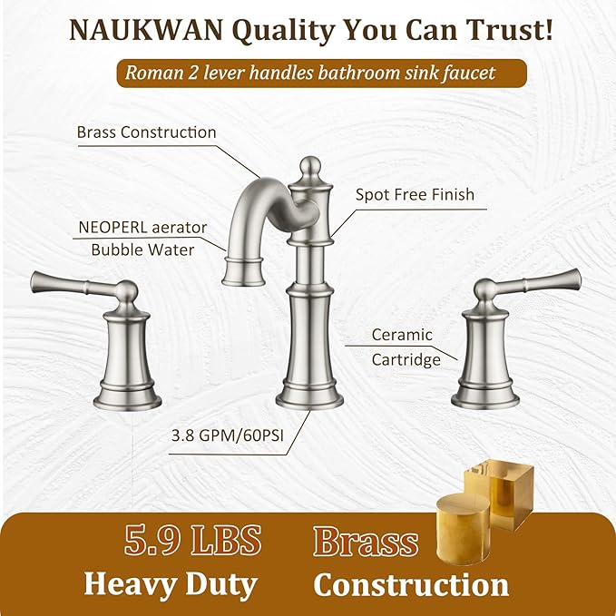 Roman Bathroom-Sink-Faucet 3 Holes, Rotated Spout Vanity Basin Faucets 2 Handles 8 inches Widespread Deck Mount Brass Faucet for Sink with Overflow Pop Up Drain Brushed Nickel NL2204-BN