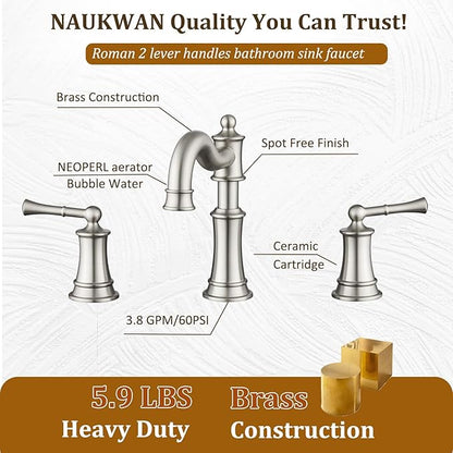 Roman Bathroom-Sink-Faucet 3 Holes, Rotated Spout Vanity Basin Faucets 2 Handles 8 inches Widespread Deck Mount Brass Faucet for Sink with Overflow Pop Up Drain Brushed Nickel NL2204-BN