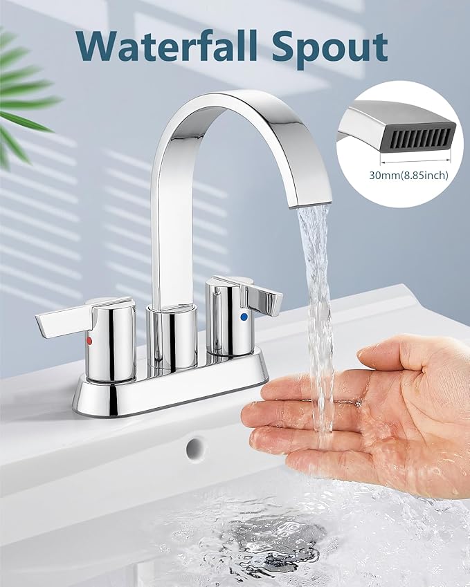 Aolemi Bathroom Faucets for Sink 3 Hole,4 Inch Centerset Waterfall Faucet 2 Handle for Bathroom Sink with Pop-Up Drain and Supply Lines Polish Chrome