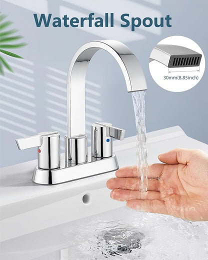 Aolemi Bathroom Faucets for Sink 3 Hole,4 Inch Centerset Waterfall Faucet 2 Handle for Bathroom Sink with Pop-Up Drain and Supply Lines Polish Chrome