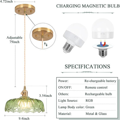 Battery Operated Pendant Light,Vintage Light Fixtures RGB Light Bulb 2500mAh 9.4in Green Modern Chandelier with Remote Control Wireless Adjustable Rechargeable Chandelier for Kitchen Island 1Light