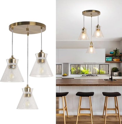 Gold Kitchen Island Pendant Light, 3-Light Farmhouse Chandelier with Seeded Glass Shades, Adjustable Hanging Light for Dining Room,Bedroom
