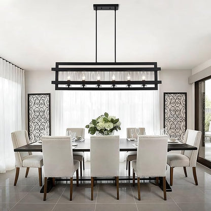 Black Chandeliers Rectangle Pendant Lights Kitchen Island Farmhouse Dining Room Light Fixtures 6-Lights Modern Chandelier for Living Room Kitchen