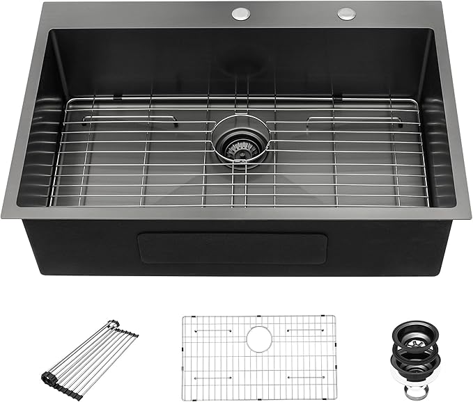 28 Drop In Black Kitchen Sink - Beslend 28x22 Drop In Black Sink 16 Gauge Stainless Steel Gunmetal Black Kitchen Sinks Topmount Deep Single Bowl Dish Basin 28"x22"x10"