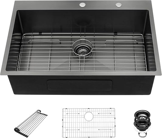 28 Drop In Black Kitchen Sink - Beslend 28x22 Drop In Black Sink 16 Gauge Stainless Steel Gunmetal Black Kitchen Sinks Topmount Deep Single Bowl Dish Basin 28"x22"x10"