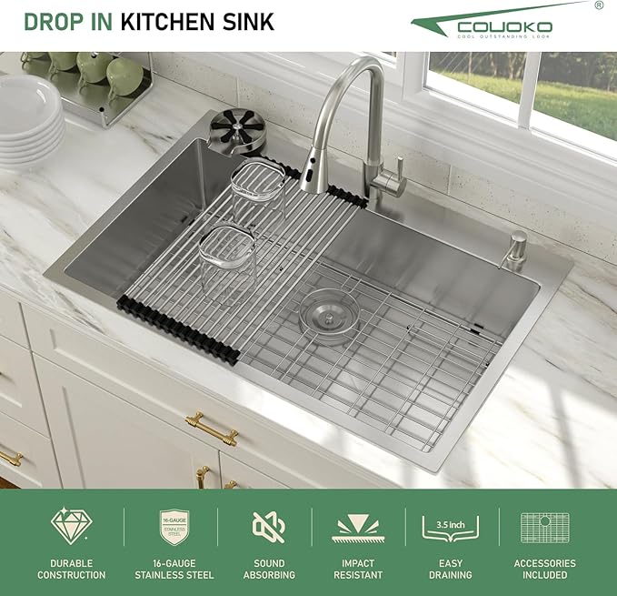 33x22 Drop In Kitchen Sink with Faucet Combo16 Gauge Stainless Steel Single Bowl Kitchen Sink Large Deep Round Corner Handmade Topmount Overmount Basin Kitchen Sinks
