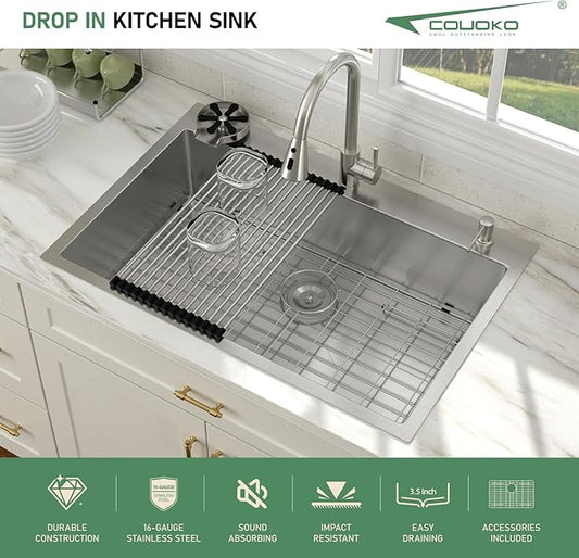 33x22 Drop In Kitchen Sink with Faucet Combo16 Gauge Stainless Steel Single Bowl Kitchen Sink Large Deep Round Corner Handmade Topmount Overmount Basin Kitchen Sinks