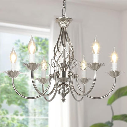 6-Light Farmhouse Candle Chandelier for Living Room, Rustic Industrial Pendant Ceiling Light fixture, Brushed Nickle Modern Ceiling Hanging Lamp for Bedroom Hallway Kitchen Dining Room Foyer, E12 Base