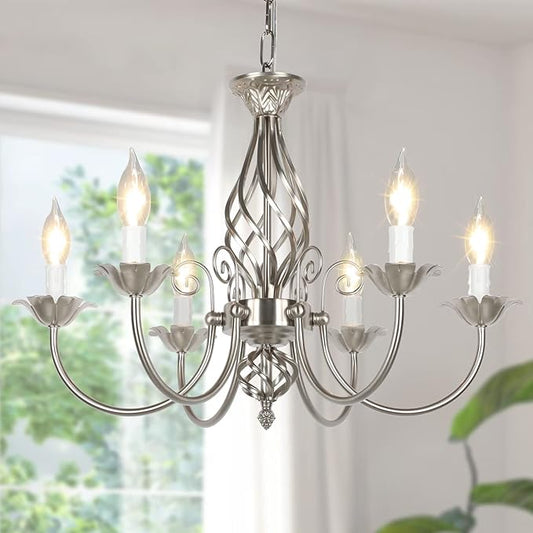 6-Light Farmhouse Candle Chandelier for Living Room, Rustic Industrial Pendant Ceiling Light fixture, Brushed Nickle Modern Ceiling Hanging Lamp for Bedroom Hallway Kitchen Dining Room Foyer, E12 Base
