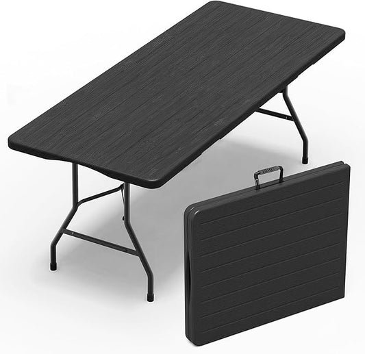 Folding Table 6 Foot for Indoor Outdoor, Portable Heavy Duty Fold-in-Half Utility Plastic Foldable Dining Table with Carrying Handle for Picnic, Camping and Party, Matte Black