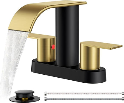 FORIOUS Black and Gold Bathroom Faucets, Waterfall 4 Inch Centerset Bathroom Sink Faucet with Metal Pop up Drain and cUPC Hose for Basin, Vanity, RV, Pedestal 2 or 3 Hole Sink