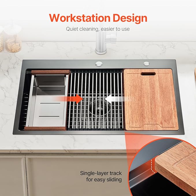 VEVOR Drop In Kitchen Sink 33 Inch Kitchen Sink Workstation, 304 Stainless Steel Top Mount Sinks, Drop-In Single Bowl with Ledge & Multiple Accessories Sink for RV, Prep Kitchen, Bar 33 x 22 x 9inch