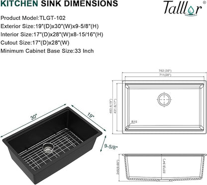 Granite Composite Kitchen Sink - 30 Inch Granite Kitchen Sink Undermount Workstation Matte Black Quartz Under Counter Single Bowl Sinks Basin All-In One, 30"x19" #TLGU-136