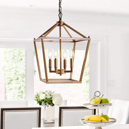 JONATHAN Y 12" Antique Gold Lantern Pendant Light, 4-Light Pagoda Style Metal Cage Farmhouse Hanging Ceiling Fixture for Kitchen Island, LED Bulb Included (JYL7436B)