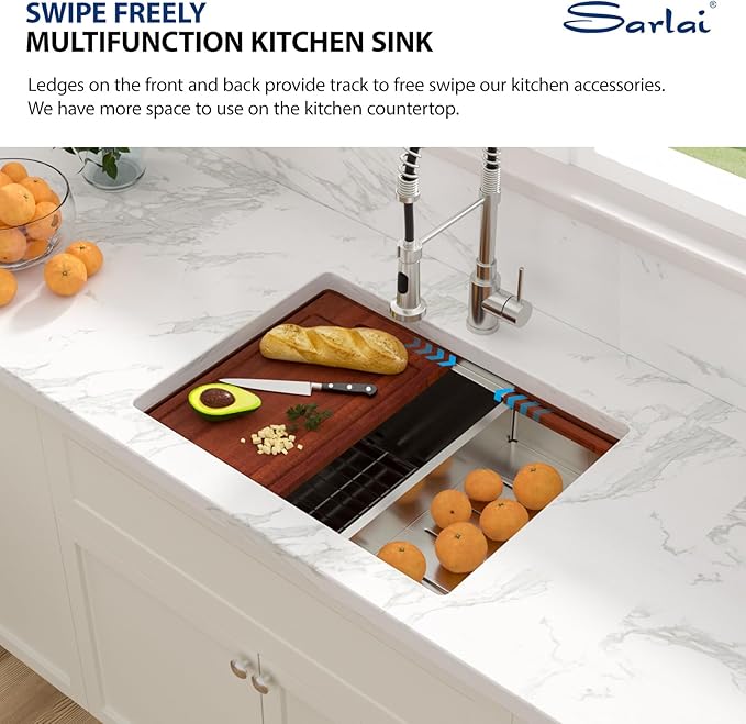 Sarlai 25 Inch Kitchen Sink Undermount - 25"x19" Undermount Sink Ledge Workstation Stainless Steel 16 Gauge Deep Single Bowl Under Counter Kitchen Sinks with Accessories