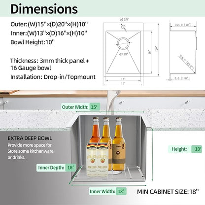 Drop In Kitchen Sink, 15 x 20 x 10 Inch 16 Gauge Single Bowl Topmount Wet Bar Sink T-304 Stainless Steel RV Kitchen Sinks
