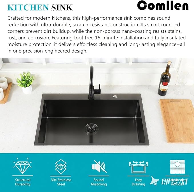 Comllen 28x18 inch Stainless Steel Black Drop In Kitchen Sink,28 Inch Topmount Sinks,16 Gauge 9 Inch Deep Single T304 Single Bowl Kitchen Sink With Strainer