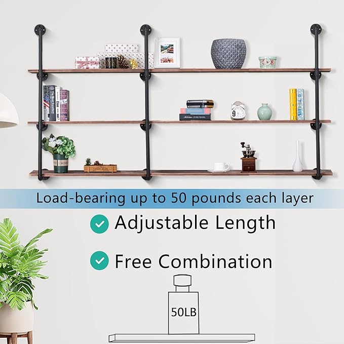 Pynsseu Industrial Iron Pipe Shelving Brackets Unit, Farmhouse Wall Mounted Pipe Shelves for Kitchen Bathroom, DIY Bookshelf Living Room Storage, 3Pack of 4 Tier