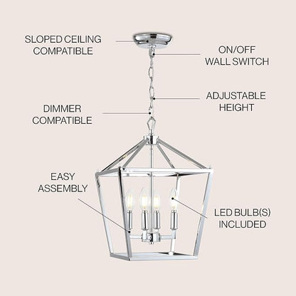 JONATHAN Y 12" Chrome Lantern Pendant Light, 1-Light Pagoda Style Metal Cage Farmhouse Hanging Ceiling Fixture for Kitchen Island, LED Bulb Included (JYL7436C)