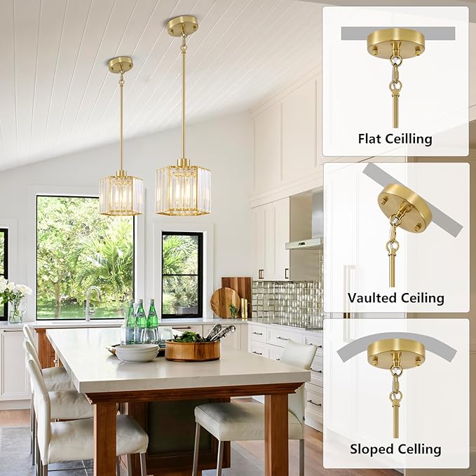 XSDeTu 1 Pack Gold Pendant Lights Kitchen Island, Modern Crystal Pendant Light Fixtures, 1-Light Small Farmhouse Chandelier, Adjustable Brass Hanging Light Fixture for Dining Room, Hallway, Bedroom