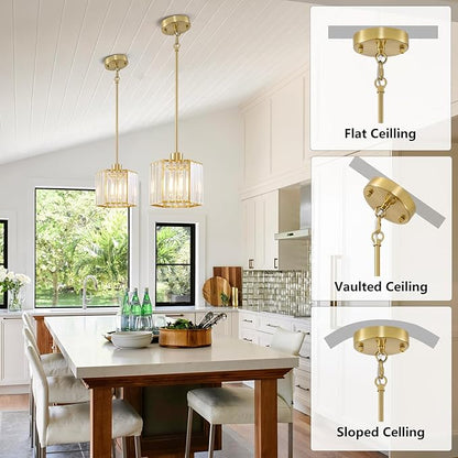 XSDeTu 1 Pack Gold Pendant Lights Kitchen Island, Modern Crystal Pendant Light Fixtures, 1-Light Small Farmhouse Chandelier, Adjustable Brass Hanging Light Fixture for Dining Room, Hallway, Bedroom