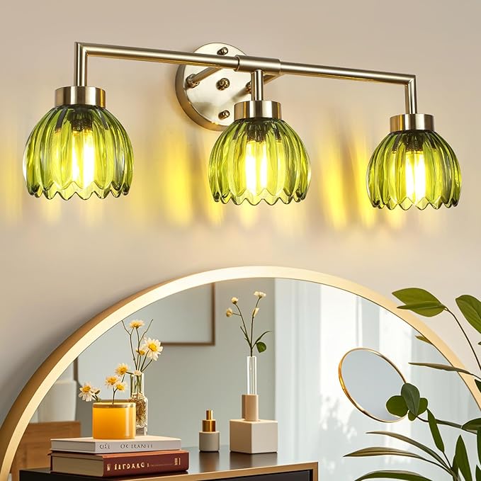 Generies Green Glass Vanity Light, Vintage 3-Light Bathroom Vanity Light Fixture Over Mirror, Art Deco Wall Sconce Lighting for Bathroom, Bedroom, Hallway, Brushed Gold