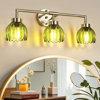 Generies Green Glass Vanity Light, Vintage 3-Light Bathroom Vanity Light Fixture Over Mirror, Art Deco Wall Sconce Lighting for Bathroom, Bedroom, Hallway, Brushed Gold