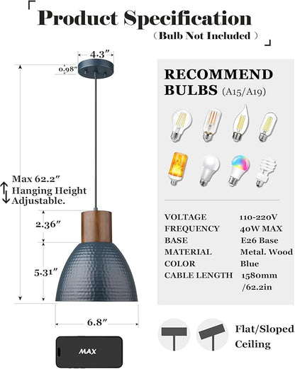 ELYONA Hammered Pendant Lights for Kitchen Island, 7” Small Solid Wood Hanging Light Fixtures, Adjustable Height Industrial Metal Pendant Light Fixtures for Bar Dining Room Bedroom Office, Modern Blue