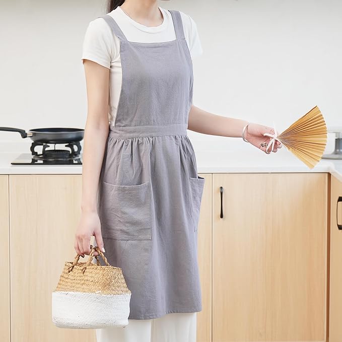 Pinknoke Cotton Linen Pinafore Apron Dress for Women with Pockets Cute Art Chef Aprons for Kitchen Baking Gardening Painting