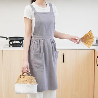 Pinknoke Cotton Linen Pinafore Apron Dress for Women with Pockets Cute Art Chef Aprons for Kitchen Baking Gardening Painting