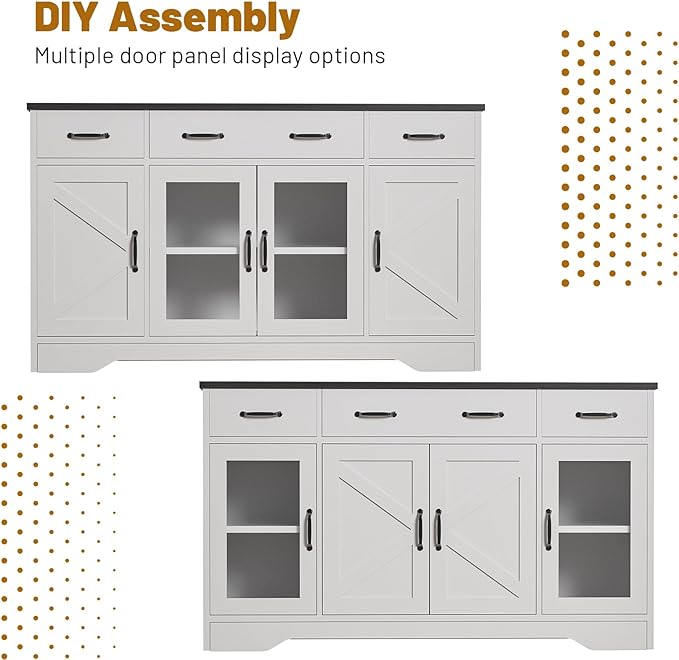 Likein Sideboard Buffet Cabinet with Storage, 55" Kitchen Coffee Bar Cabinet with 3 Drawers & Glass Doors, Farmhouse Sideboard Buffet Table with Adjustable Shelves for Living Room, Dining Room, White