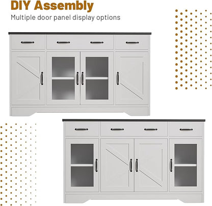 Likein Sideboard Buffet Cabinet with Storage, 55" Kitchen Coffee Bar Cabinet with 3 Drawers & Glass Doors, Farmhouse Sideboard Buffet Table with Adjustable Shelves for Living Room, Dining Room, White