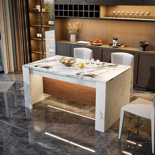 HUATOL Faux Marble Dining Table, 63” Rectangle Island Table with LED Lights for 4-6 People, Mordern Marble Stripes Kitchen Dining Table with Grille Design for Kitchen, Dining Room & Living Room