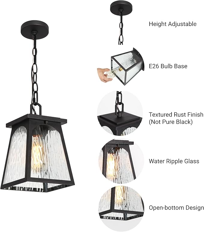 LALUZ Outdoor Pendant Lights for Porch, Modern Farmhouse Outdoor Pendant Light Fixture with Clear Water Ripple Glass, Trapezoid Exterior Hanging Lantern Lamp Light Fixtures, Textured Rust Finish