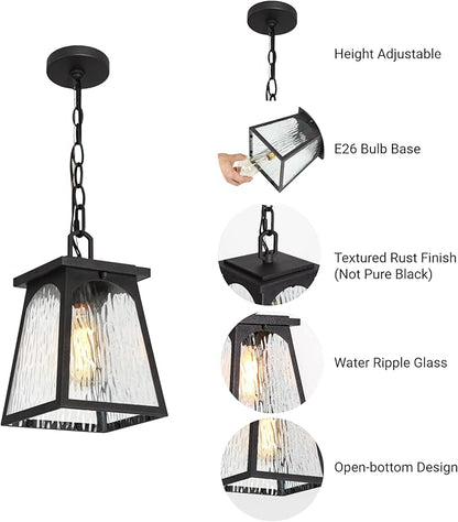 LALUZ Outdoor Pendant Lights for Porch, Modern Farmhouse Outdoor Pendant Light Fixture with Clear Water Ripple Glass, Trapezoid Exterior Hanging Lantern Lamp Light Fixtures, Textured Rust Finish