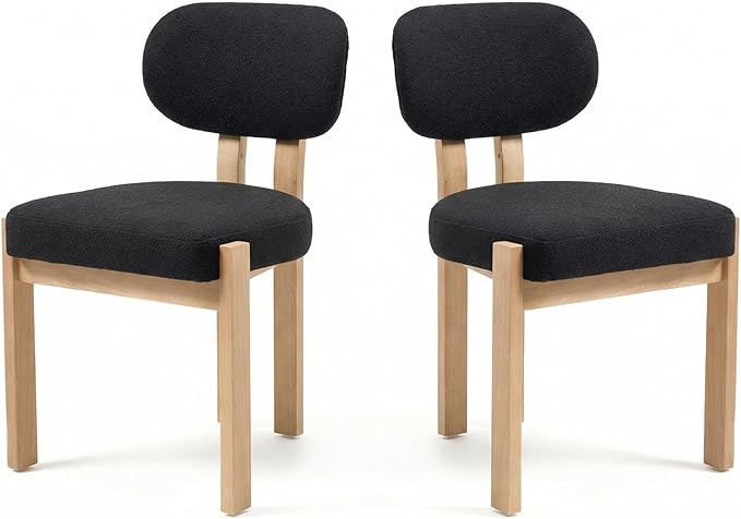 Chenille Dining Chairs Set of 2, Comfy Upholstered Dining Room Chairs Mid Century Modern Farmhouse Fabric Kitchen Chairs with Rubber Wood Legs for Dining Room Kitchen Island Home (Black)