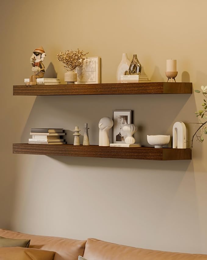 48x12 Inch Floating Shelves for Wall, Set of 2 Solid Wood Wall Shelves, Extra Long Heavy Duty Wall Mount Shelf for Kitchen & Living Room, Rustic Walnut Floating Shelves