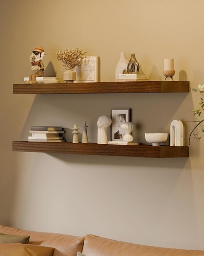 48x12 Inch Floating Shelves for Wall, Set of 2 Solid Wood Wall Shelves, Extra Long Heavy Duty Wall Mount Shelf for Kitchen & Living Room, Rustic Walnut Floating Shelves