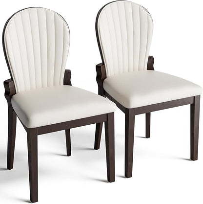 LIKIMIO Dining Chairs Set of 2, Solid Wood Frame with 19.6" Wide Leather Upholstered Seat, Modern Kitchen Chair, 350lbs Capacity, Ideal for Big & Tall Adults & Family for Dining Room, Beige