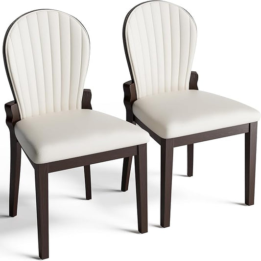 LIKIMIO Dining Chairs Set of 2, Solid Wood Frame with 19.6" Wide Leather Upholstered Seat, Modern Kitchen Chair, 350lbs Capacity, Ideal for Big & Tall Adults & Family for Dining Room, Beige