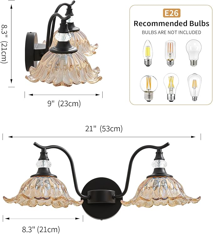 Vintage Bathroom Vanity Light Fixtures - 2 Light Antique Matte Black Bathroom Lights Fixture Over Mirror with Amber Flower Glass,Retro High End Wall-Mounted Vanity Lighting for Bath Powder Room